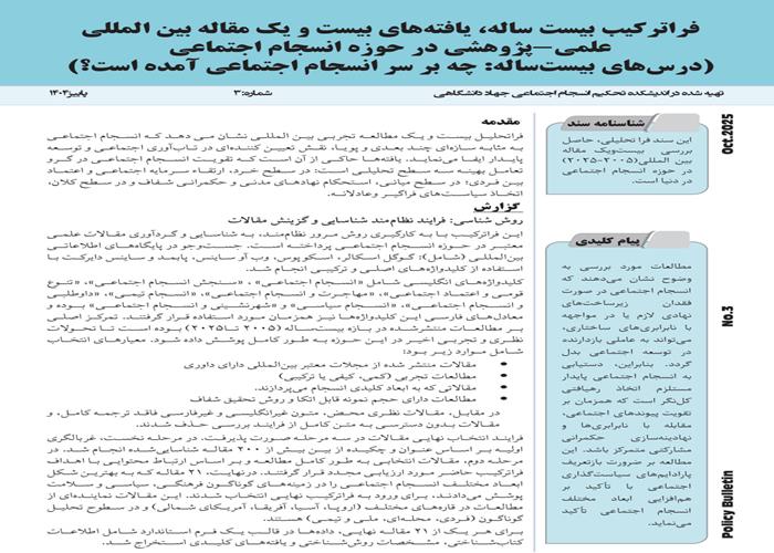 فراترکیب بیست ساله، یافته‌های بیست و یک مقاله بین المللی علمی پژوهشی نظام‌مند در حوزه انسجام اجتماعی (درس‌های بیست ساله: چه بر سر انسجام اجتماعی آمده است؟)